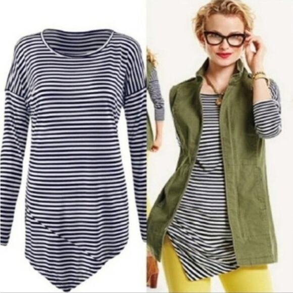 CABI Long Sleeve Boat Striped Asymmetrical Hem Tee Shirt Blue‎ White Size Small - Picture 2 of 4